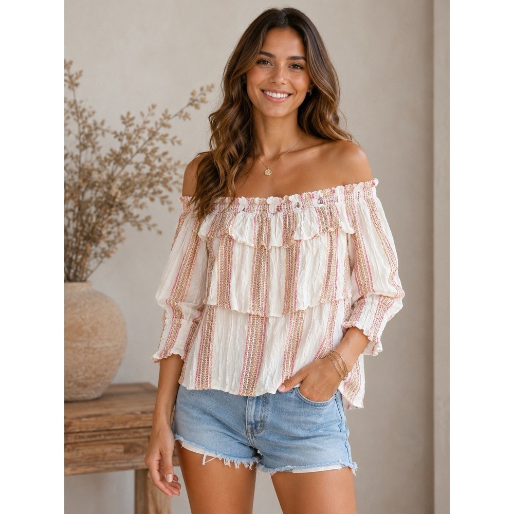 For The Republic ANTHROPOLOGIE Boho Off Shoulder Top Ivory Gold Embroidery Sz M